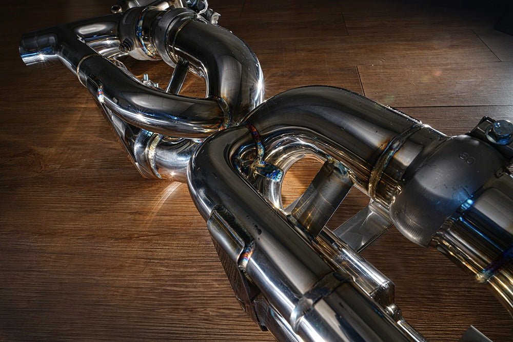 Fi Exhaust Front Pipe + Mid X-Pipe + Valvetronic Muffler + Quad Silver Tips Retains OEM Valve Settings - No Remote - Porsche 9YA.1 Cayenne GTS/ Turbo/ 9YA.2 Cayenne S/ GTS/ Turbo 2023-Up