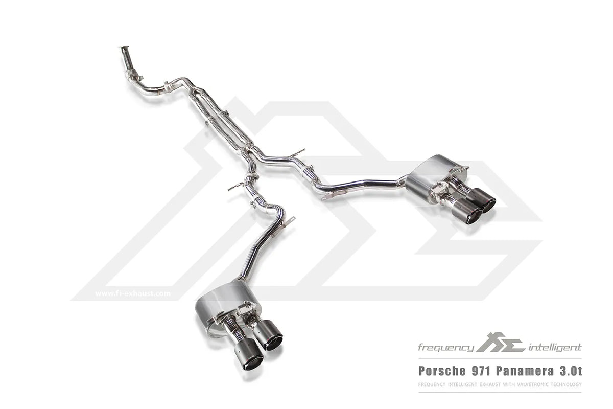 Fi Exhaust 2nd Catless Downpipe + Mid X-Pipe + Valvetronic Muffler + Quad Silver Tips Retains OEM Valve Settings - No Remote - Porsche 971 Panamera 3.0T | 2017-2024