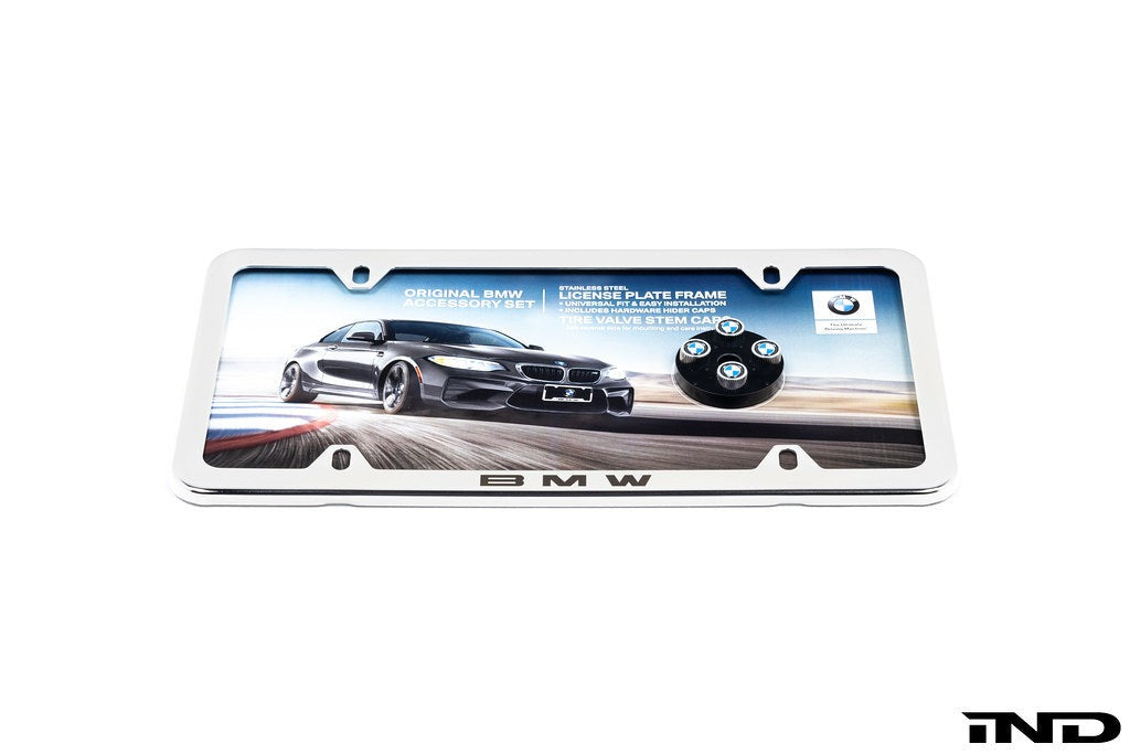 Genuine BMW Laser Slimline License Plate Frame with BMW Roundel Valve Stem Caps - Installed View