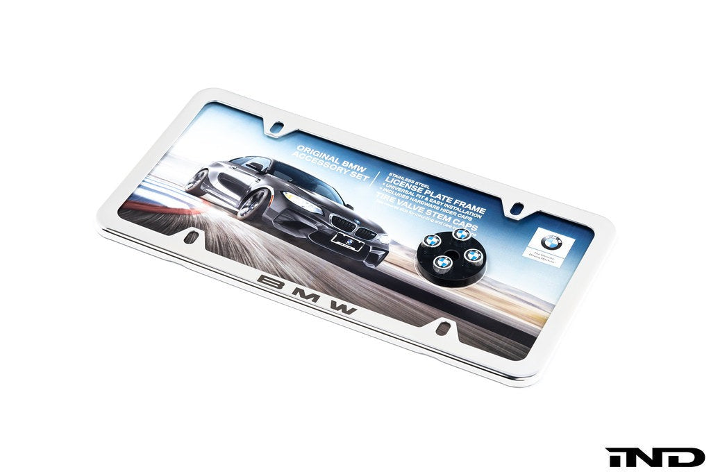 Genuine BMW Laser Slimline License Plate Frame with BMW Roundel Valve Stem Caps - Side Profile