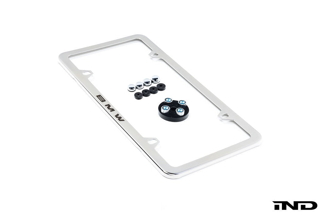 Genuine BMW Laser Slimline License Plate Frame with BMW Roundel Valve Stem Caps - Contents View