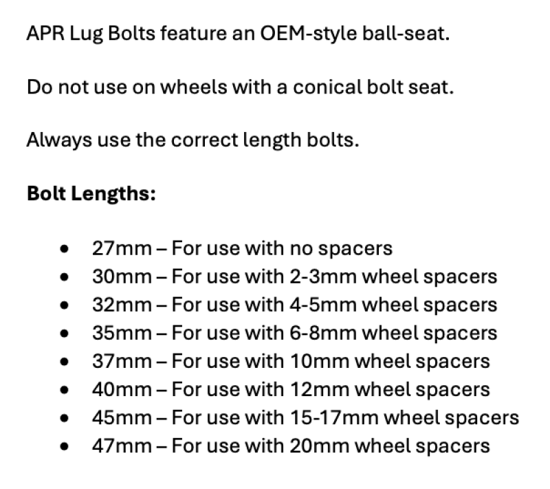 APR Lug Bolts - Use w/Factory Spacers - 27mm - Black Set of 10