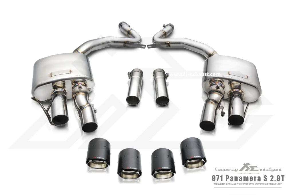 Fi Exhaust Front Pipe + Mid X-Pipe + Valvetronic Muffler + Quad Silver Tips Retains OEM Valve Settings - No Remote - Porsche 971 Panamera S 2.9TT | 2017-2024