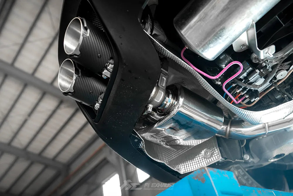 Fi Exhaust Front Pipe + Mid X-Pipe + Valvetronic Muffler + Quad Silver Tips Retains OEM Valve Settings - No Remote - Porsche 976 Panamera 2024+ OPF