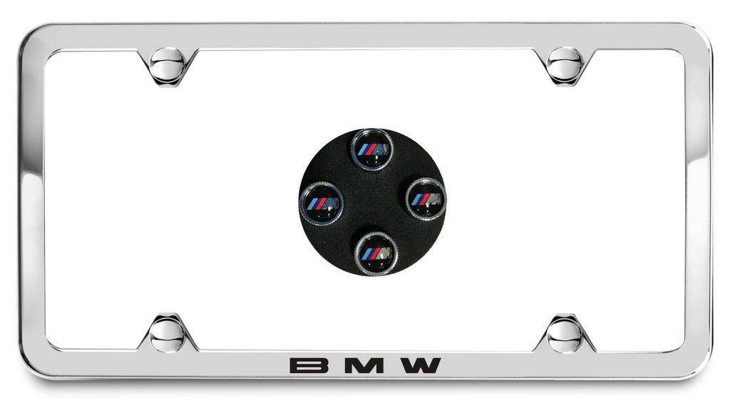 Genuine BMW Laser Slimline License Plate Frame with M Logo Valve Stem Caps - Polished Silver