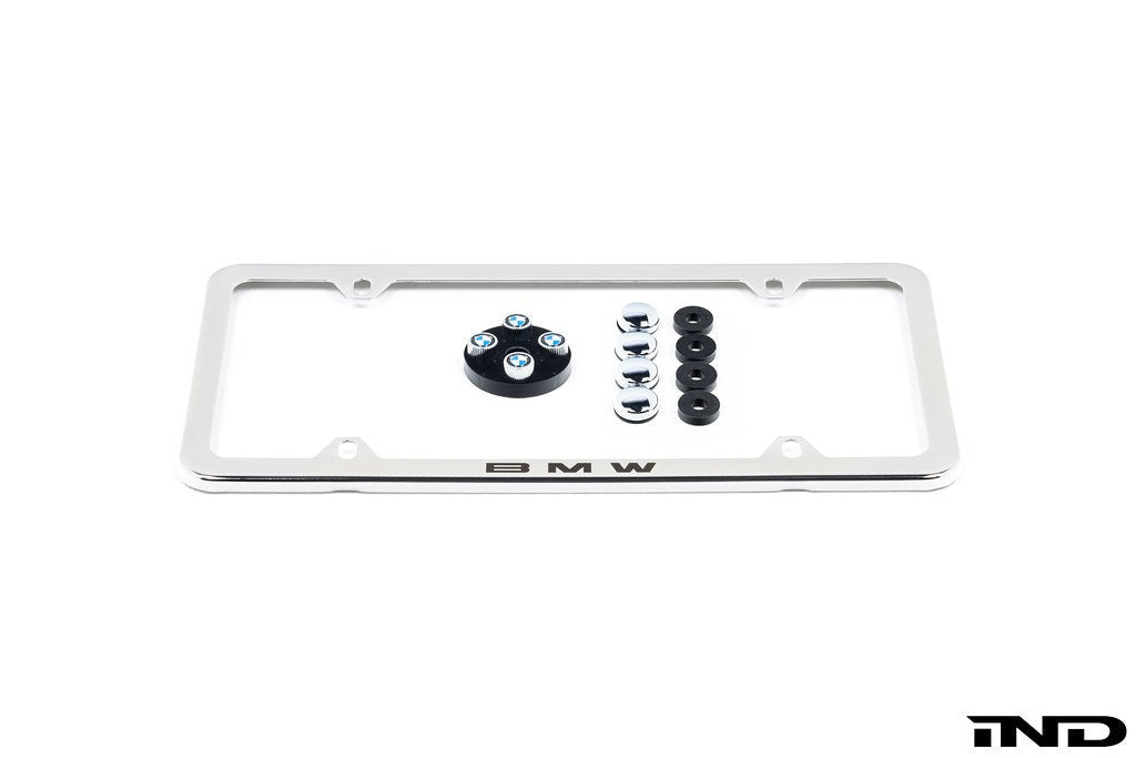 Genuine BMW Laser Slimline License Plate Frame with BMW Roundel Valve Stem Caps - Polished Silver