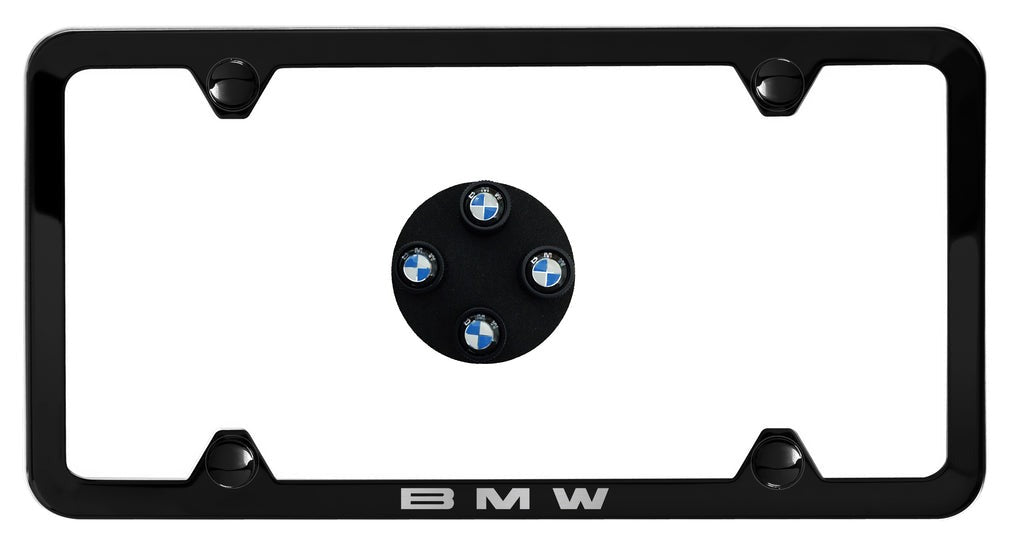 Genuine BMW Laser Slimline License Plate Frame with BMW Roundel Valve Stem Caps - Satin Black Frame