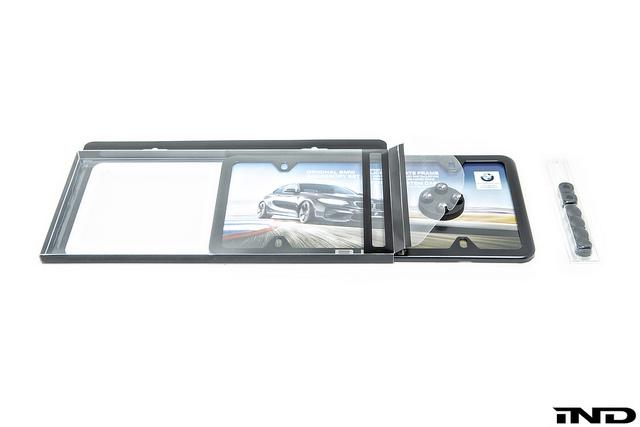 BMW Slimline License Plate Frame + M Logo Valve Stem Cap Set